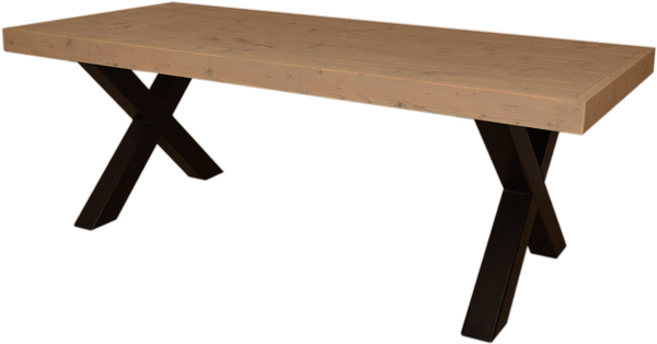 Steigerhout tafel met zwarte stalen poten en ene rechthoekig blad.